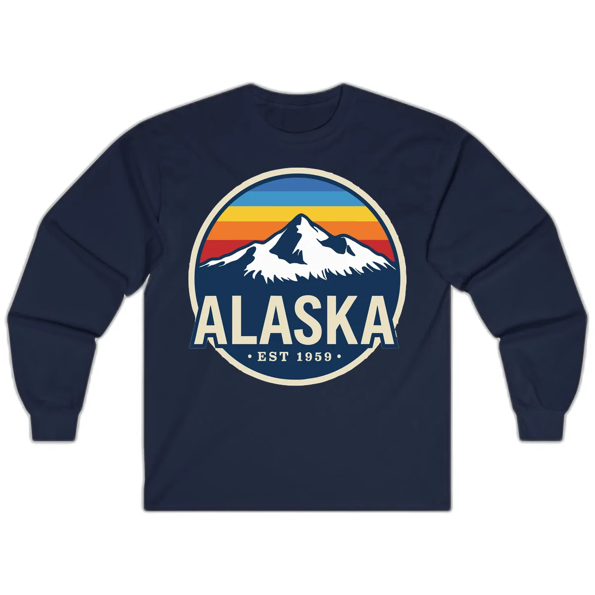 Alaska Mountain Range Retro Sunset Badge Long Sleeve in Navy