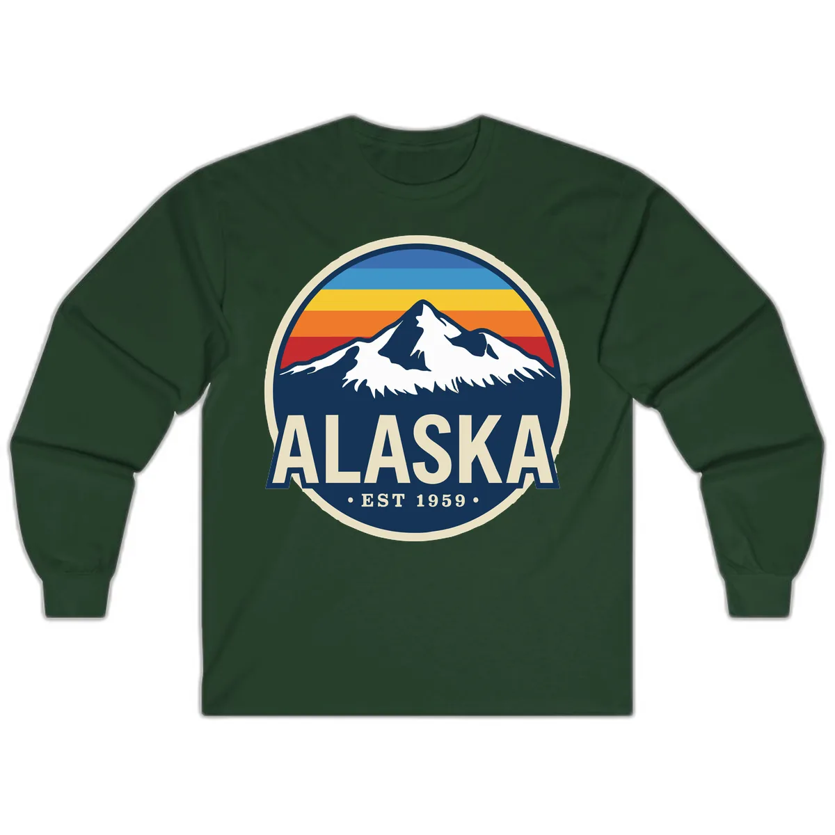 Alaska Mountain Range Retro Sunset Badge Long Sleeve in Forest Green
