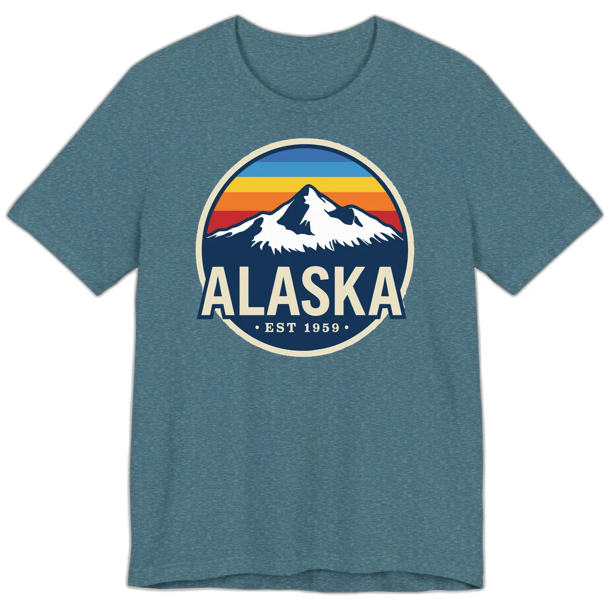 Alaska Mountain Range Retro Sunset Badge Premium T-Shirt in Heather Deep Teal
