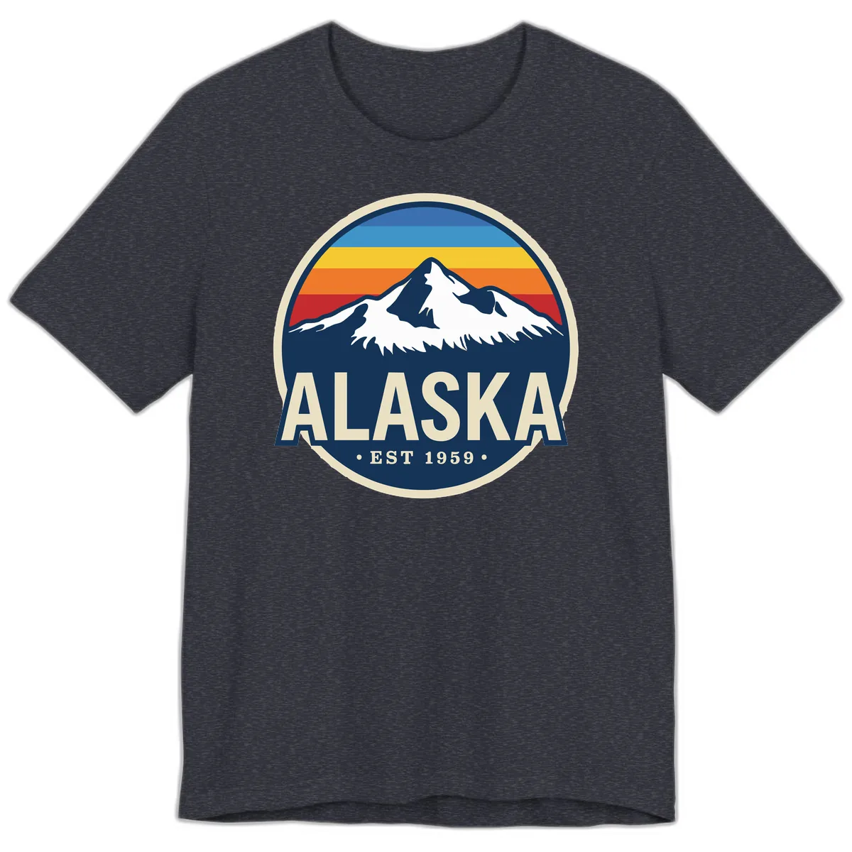 Alaska Mountain Range Retro Sunset Badge Premium T-Shirt in Heather Navy
