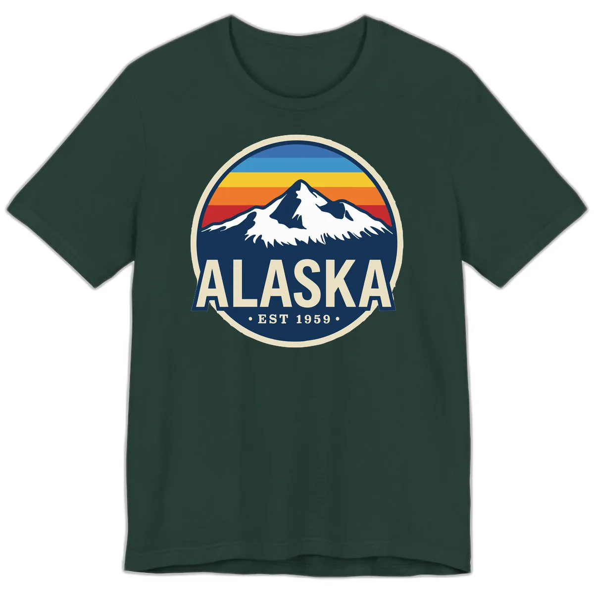 Alaska Mountain Range Retro Sunset Badge Premium T-Shirt in Forest