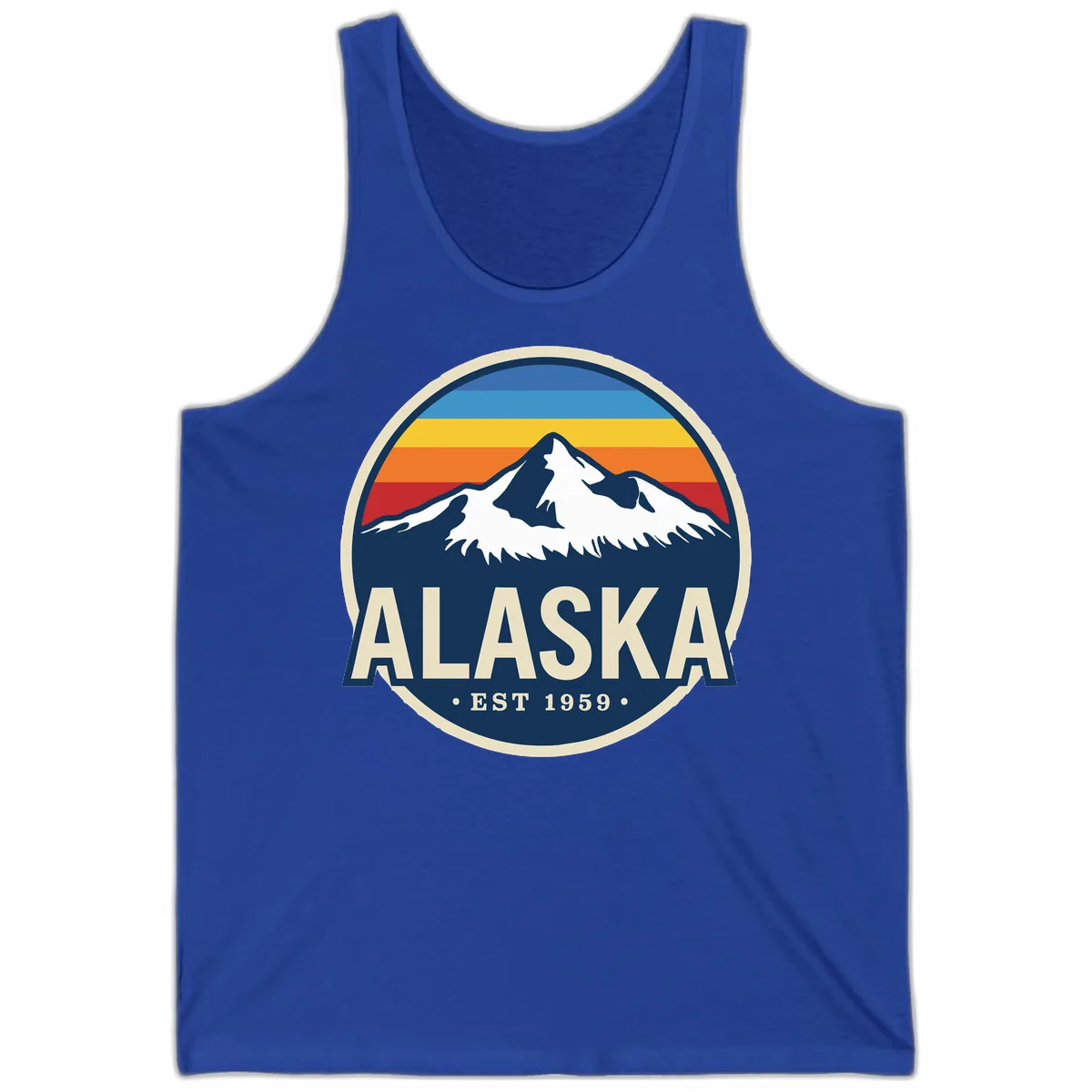 Alaska Mountain Range Retro Sunset Badge Tank in True Royal