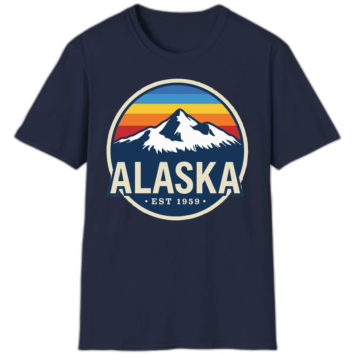 Alaska Mountain Range Retro Sunset Badge T-Shirt in Navy