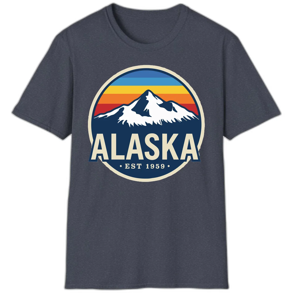 Alaska Mountain Range Retro Sunset Badge T-Shirt in Heather Navy