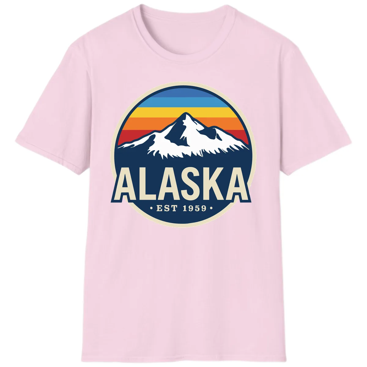 Alaska Mountain Range Retro Sunset Badge T-Shirt in Light Pink