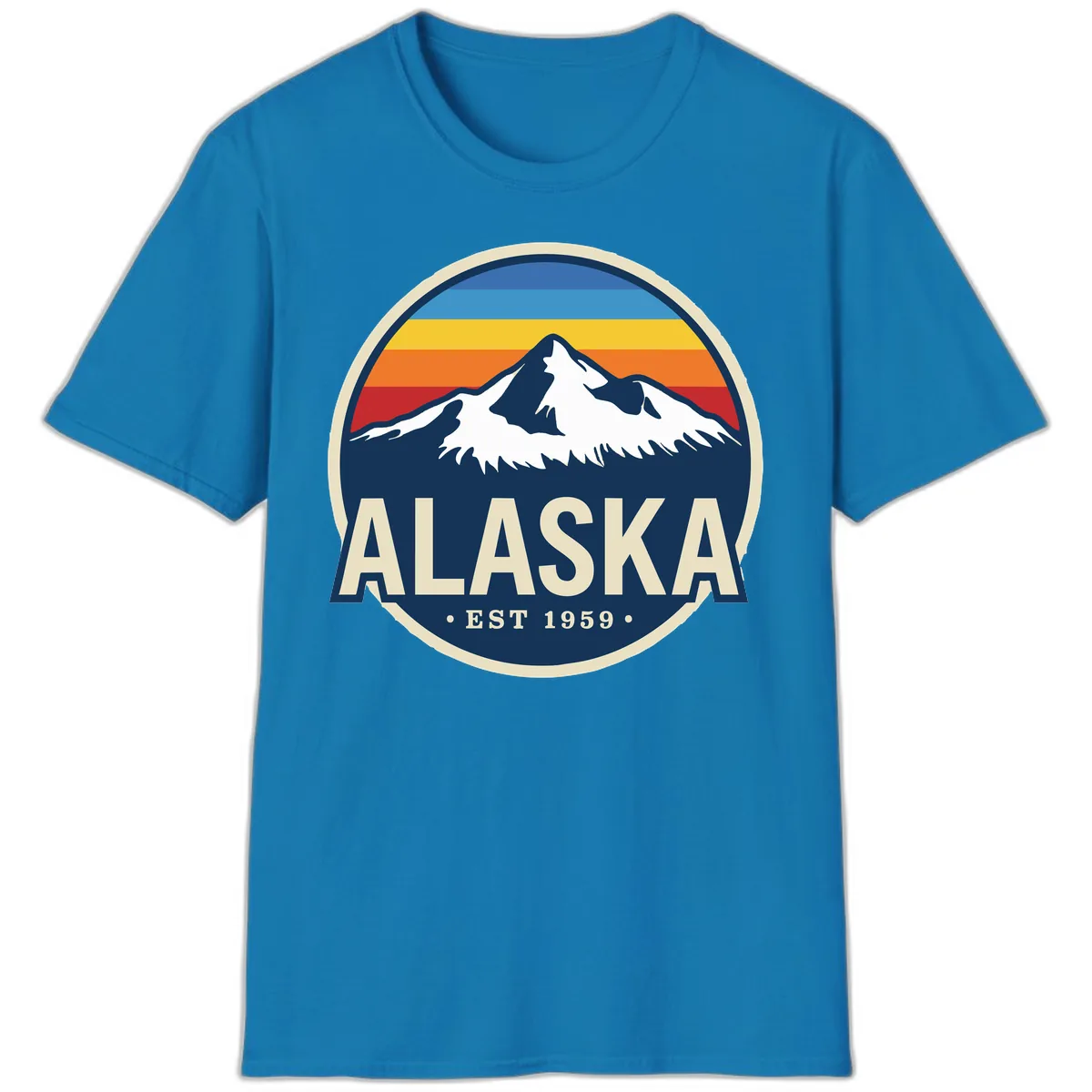 Alaska Mountain Range Retro Sunset Badge T-Shirt in Sapphire