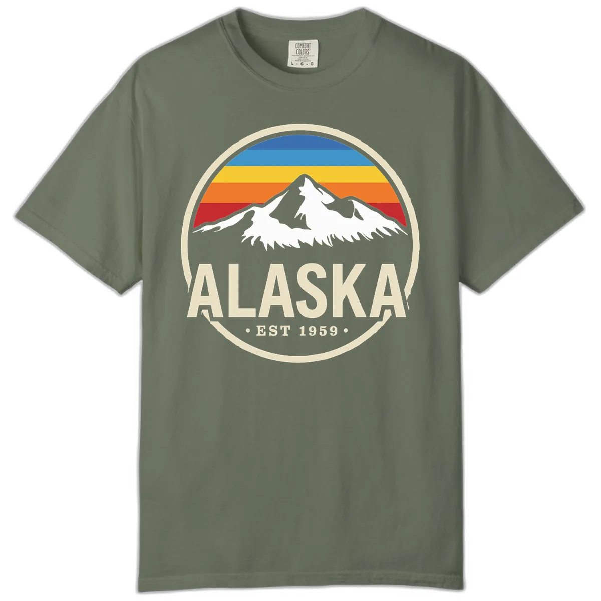 Retro Alaska Mountain And Statehood Year Badge Comfort Color in Moss