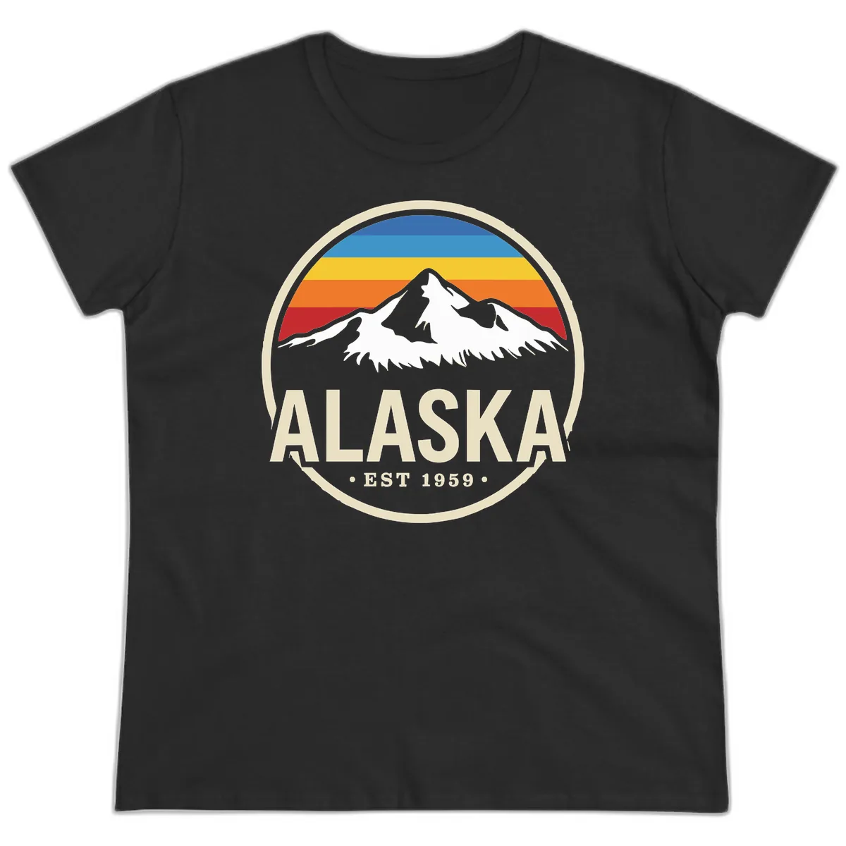 Retro Alaska Mountain And Statehood Year Badge Ladies Tee in Black