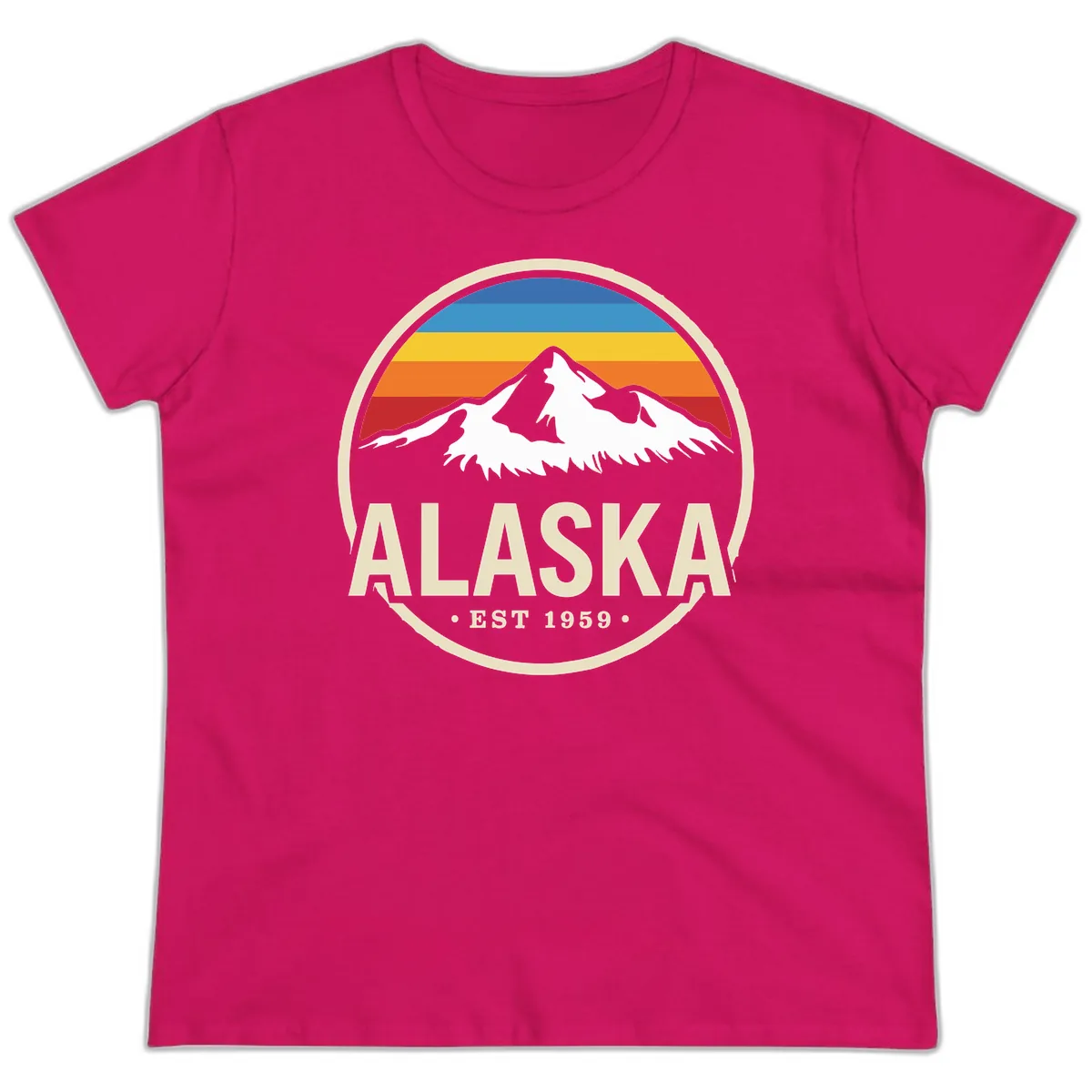 Retro Alaska Mountain And Statehood Year Badge Ladies Tee in Heliconia