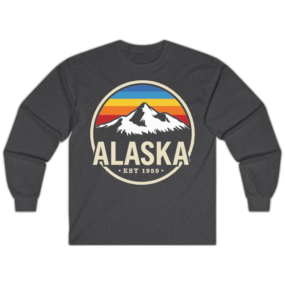 Retro Alaska Mountain And Statehood Year Badge Long Sleeve in Dark Heather