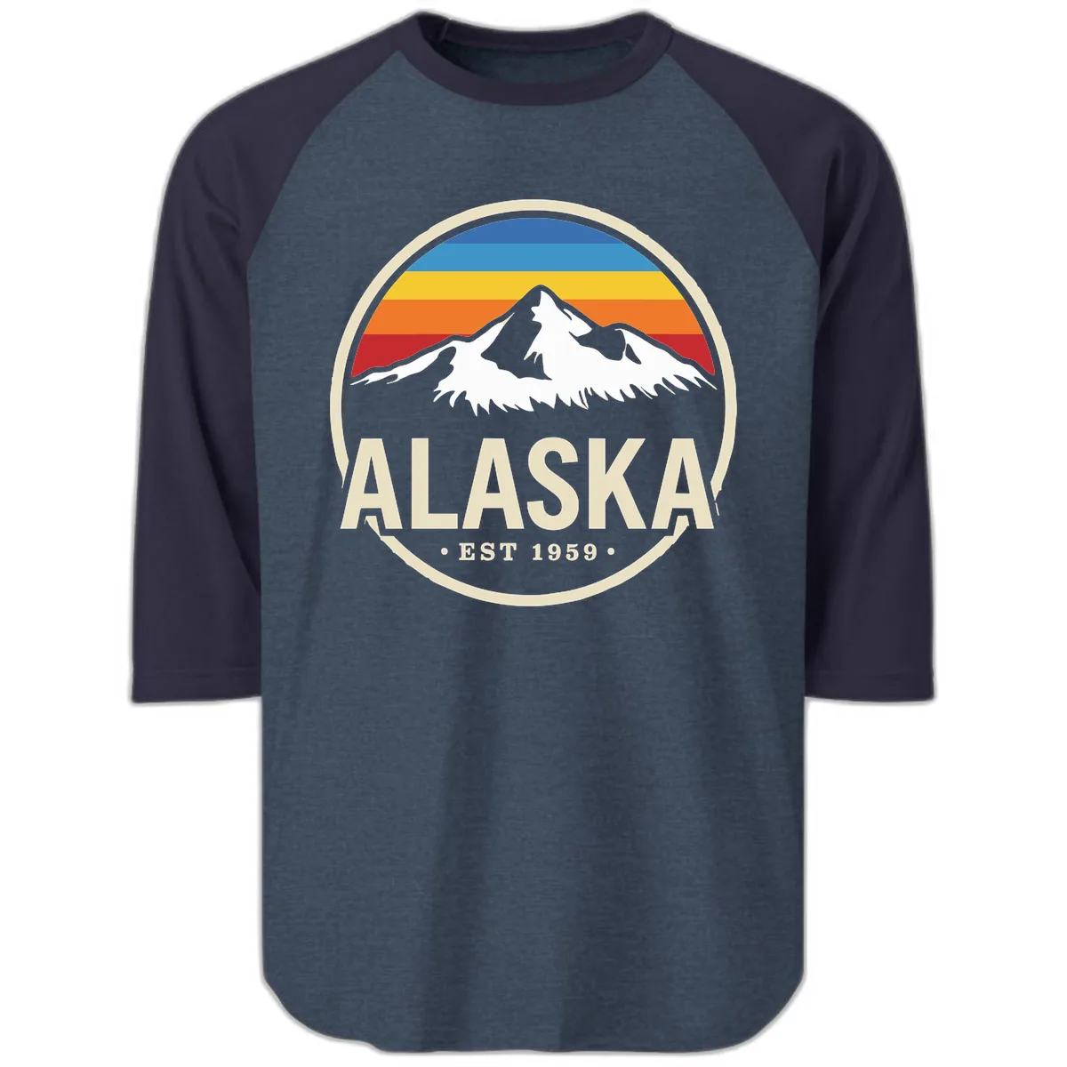 Retro Alaska Mountain And Statehood Year Badge Raglan 3/4 in Heather Denim Navy