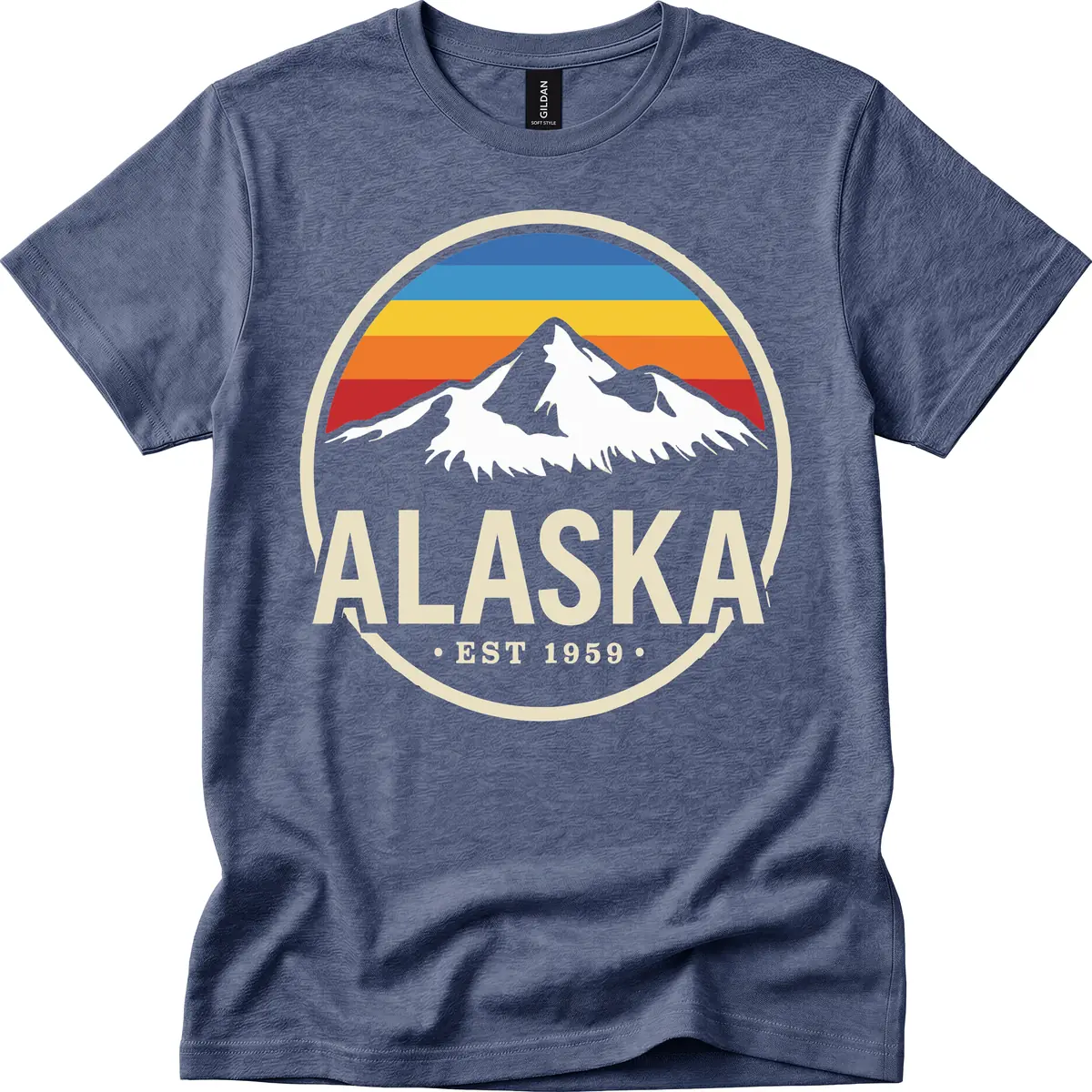 Retro Alaska Mountain And Statehood Year Badge T-Shirt in Heather Navy