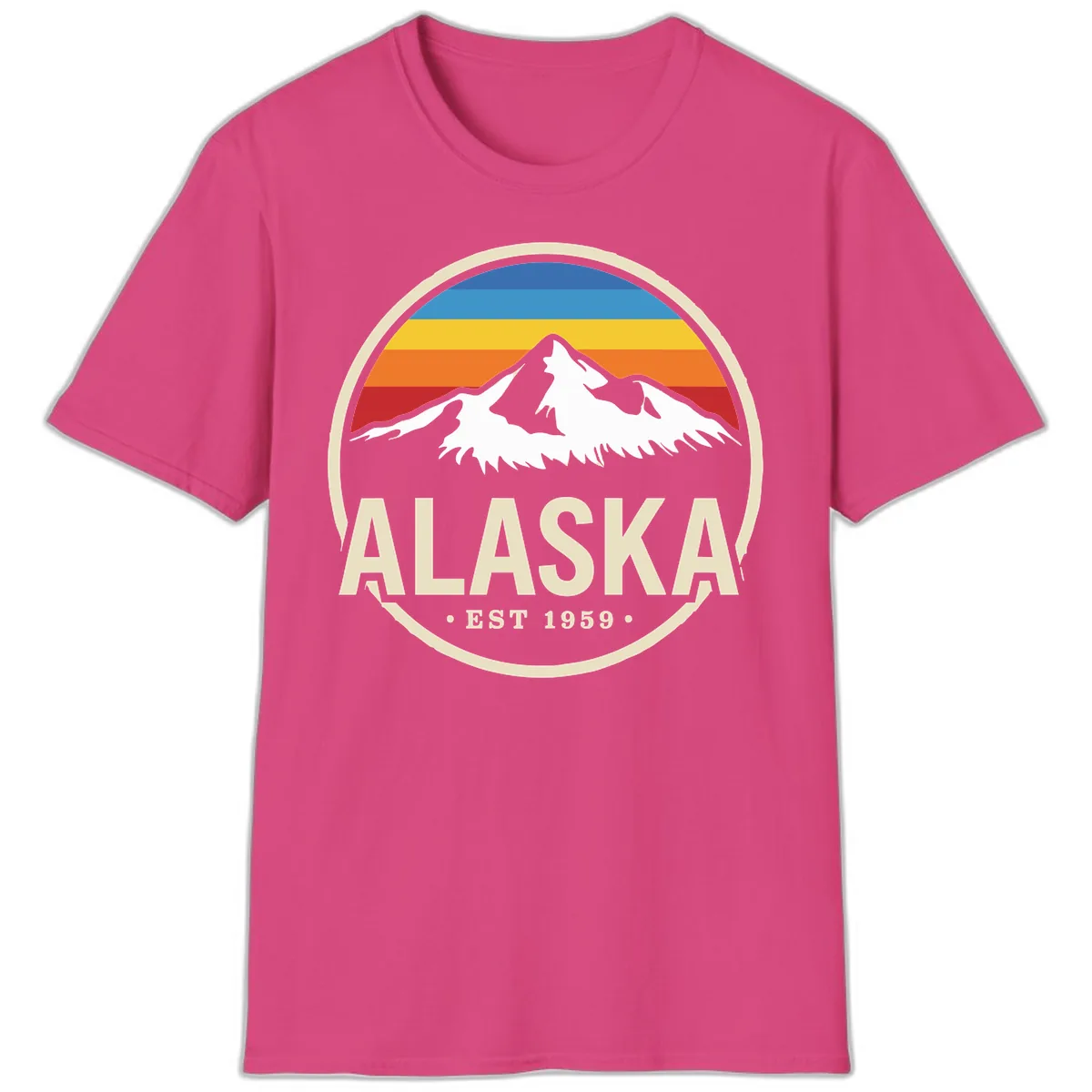 Retro Alaska Mountain And Statehood Year Badge T-Shirt in Heliconia
