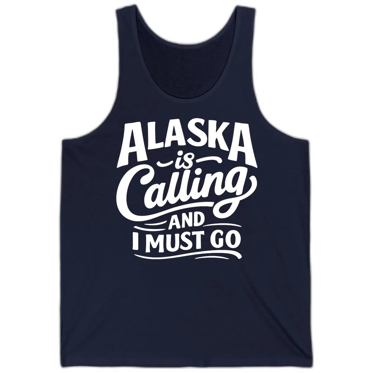 Alaska Calling Hand Lettered Typography Tank in Navy
