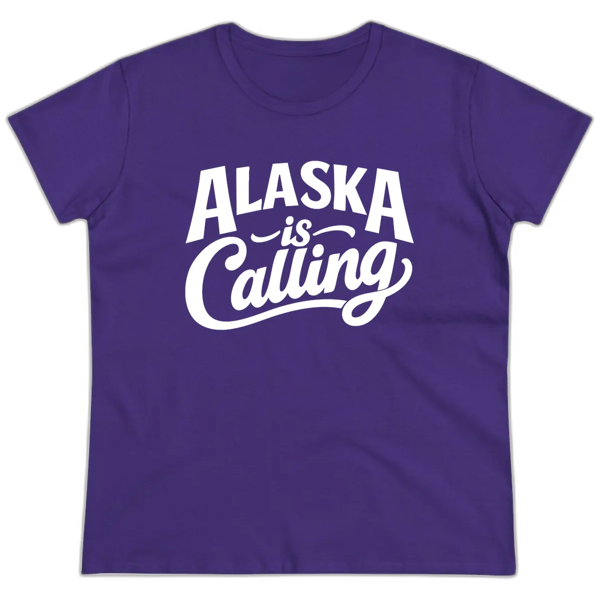 Alaska Is Calling Mixed Typography Design Ladies Tee in Purple