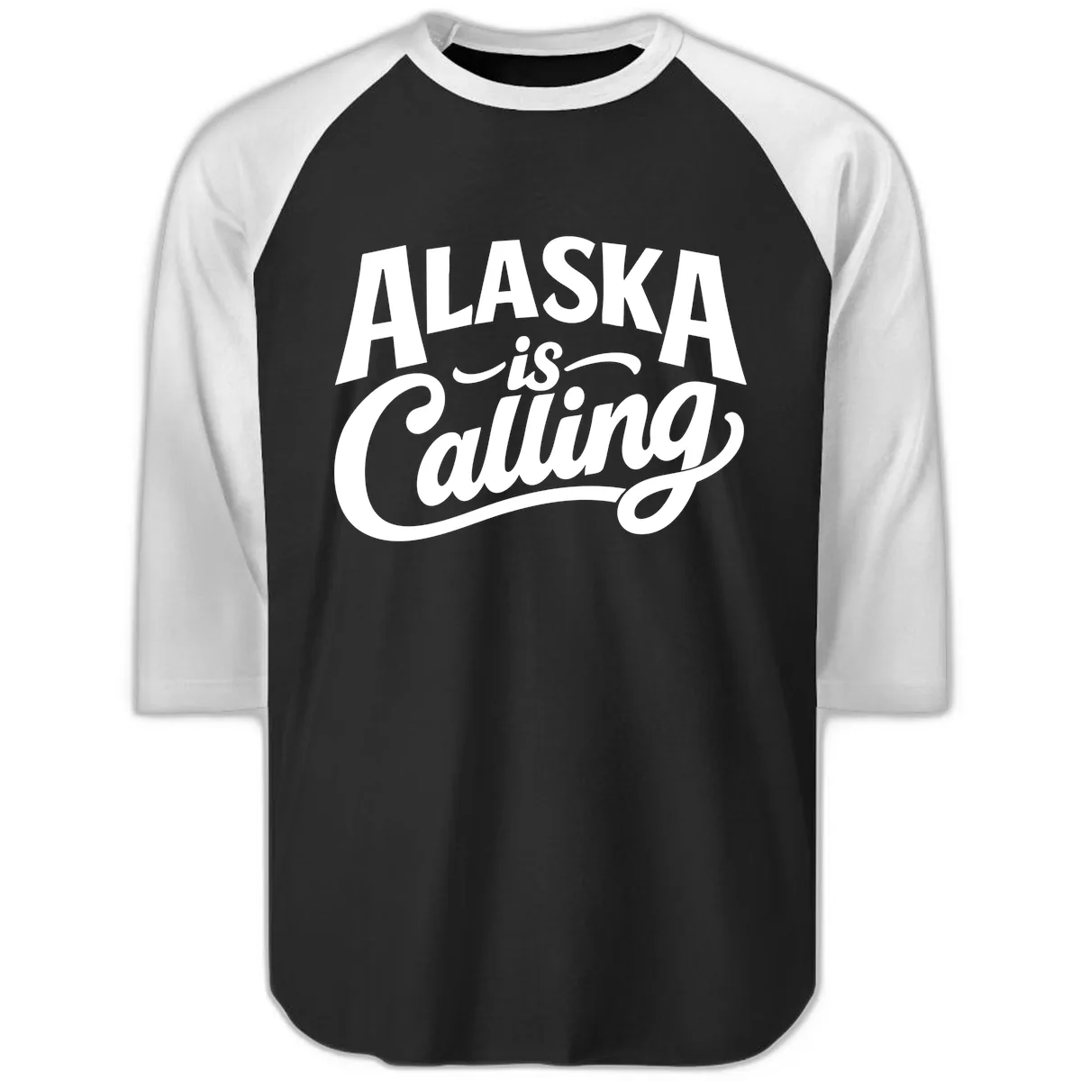 Alaska Is Calling Mixed Typography Design Raglan 3/4 in Black White