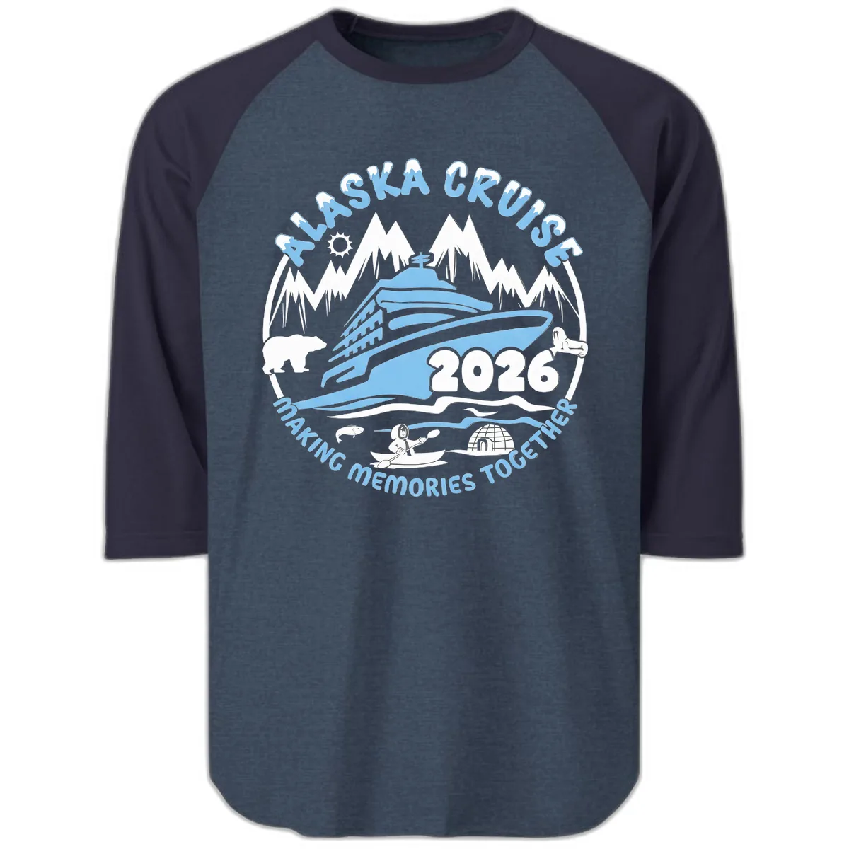 Alaska Scenic Icons Making Memories Together Raglan 3/4 in Heather Denim Navy
