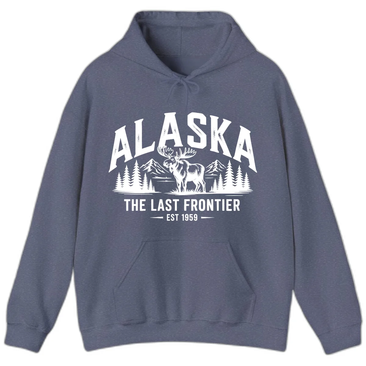 Alaska Last Frontier Moose Scenic Wildlife Hoodie in Heather Navy