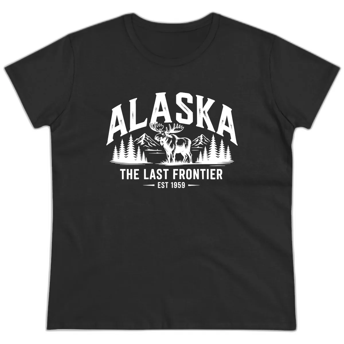 Alaska Last Frontier Moose Scenic Wildlife Ladies Tee in Black