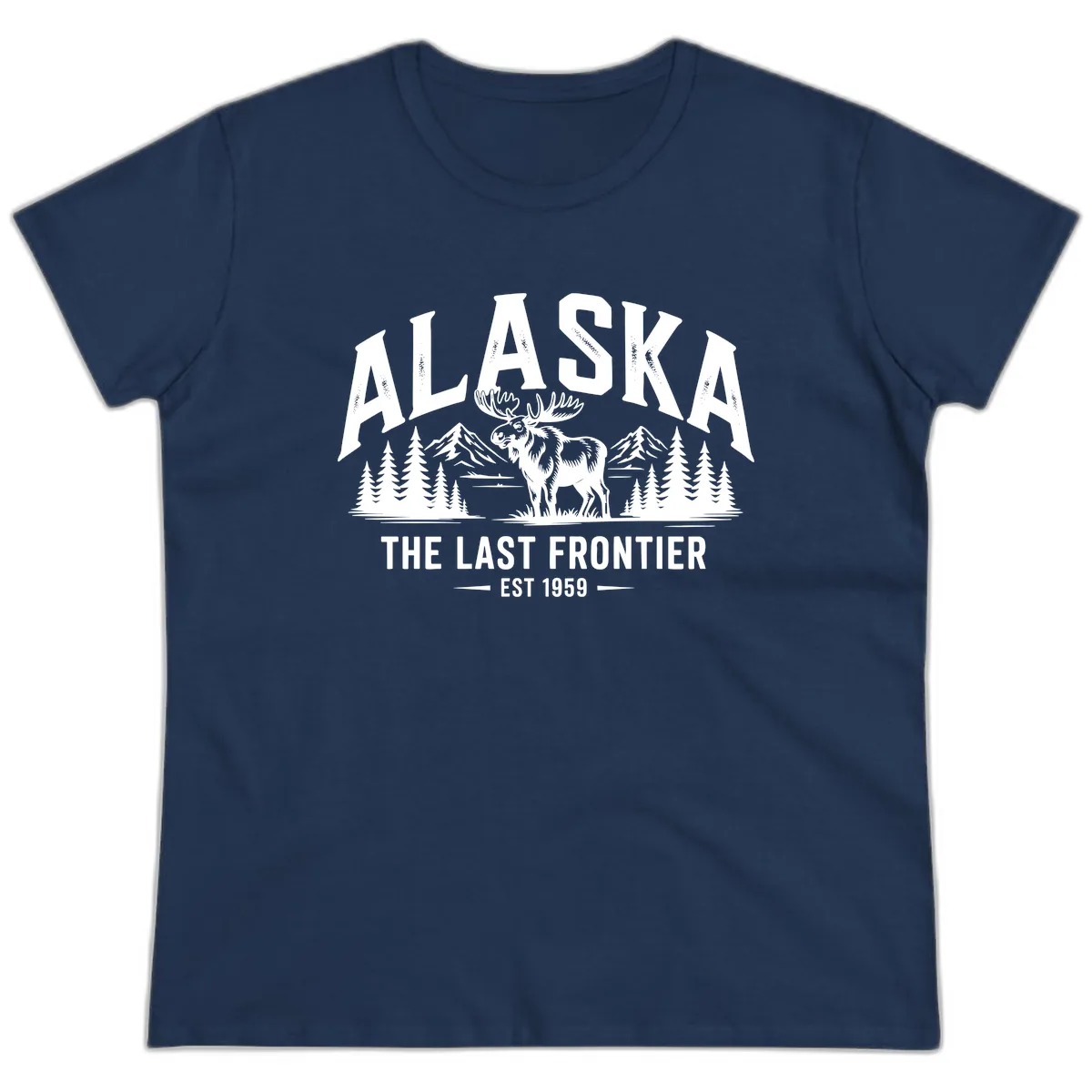 Alaska Last Frontier Moose Scenic Wildlife Ladies Tee in Navy