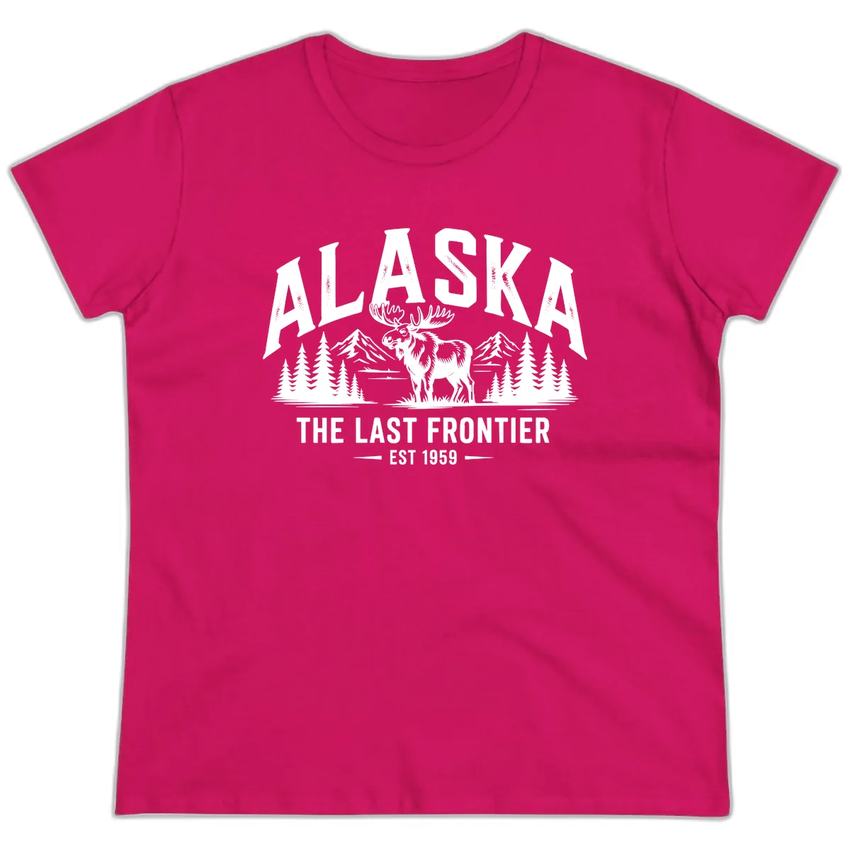 Alaska Last Frontier Moose Scenic Wildlife Ladies Tee in Heliconia