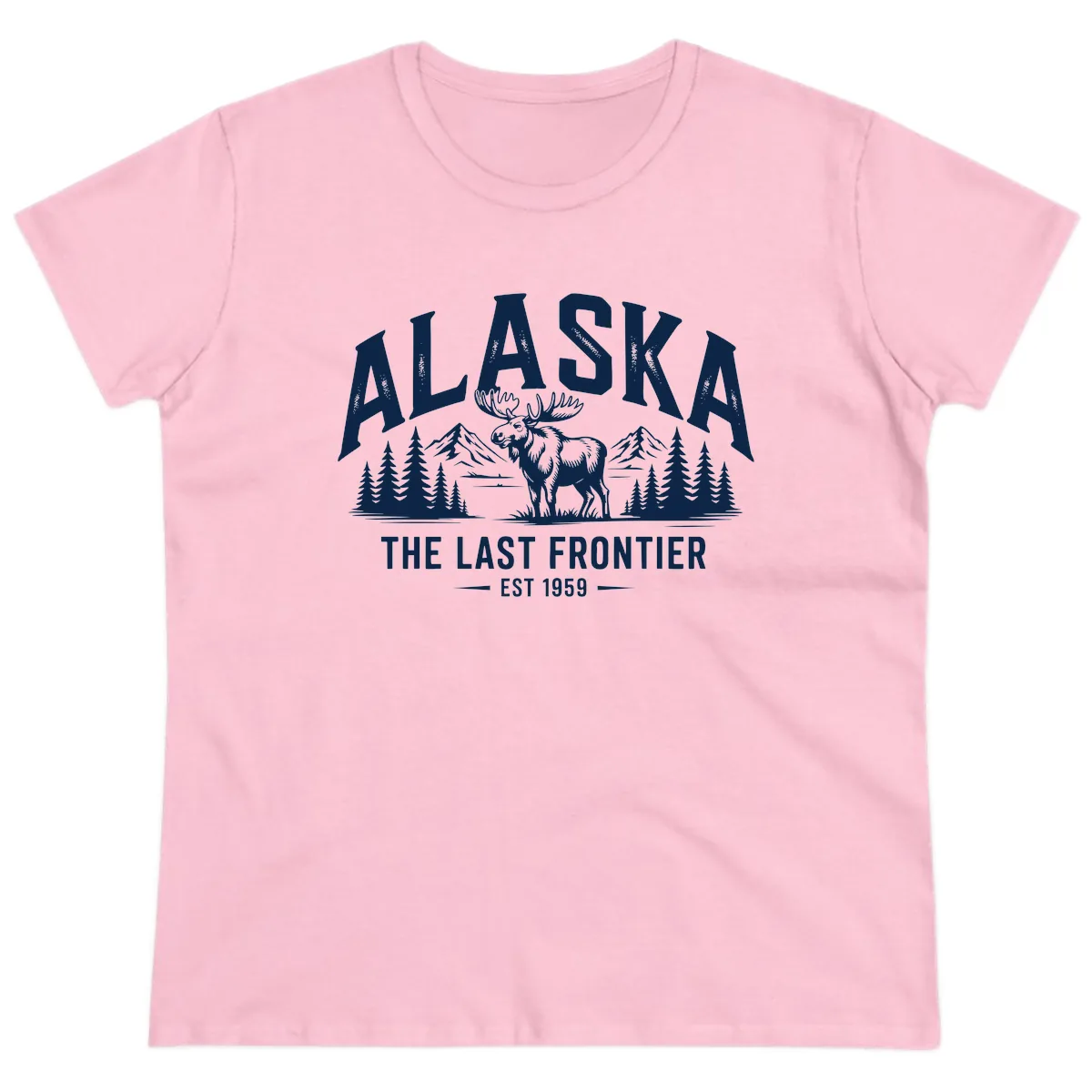 Alaska Last Frontier Moose Scenic Wildlife Ladies Tee in Light Pink