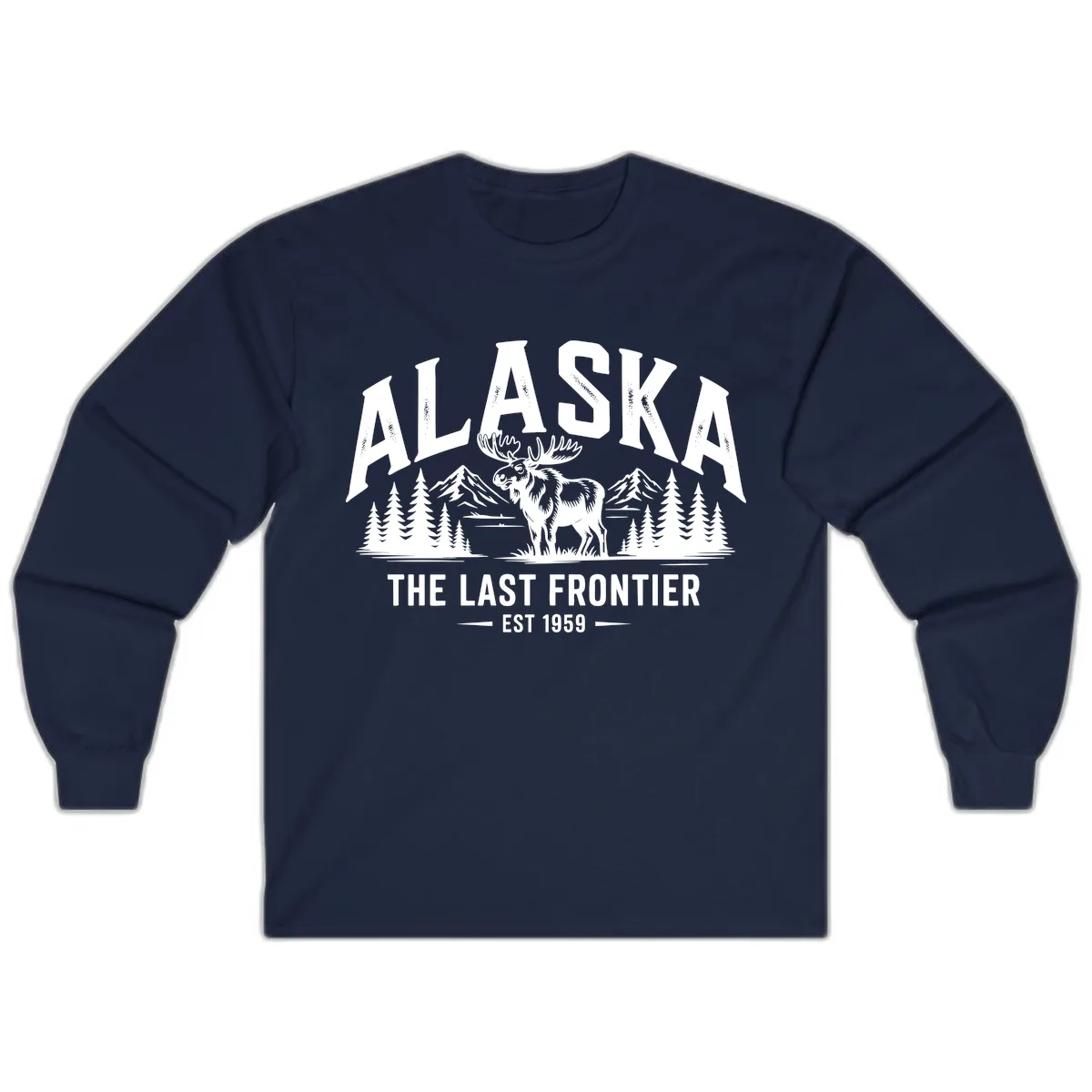 Alaska Last Frontier Moose Scenic Wildlife Long Sleeve in Navy