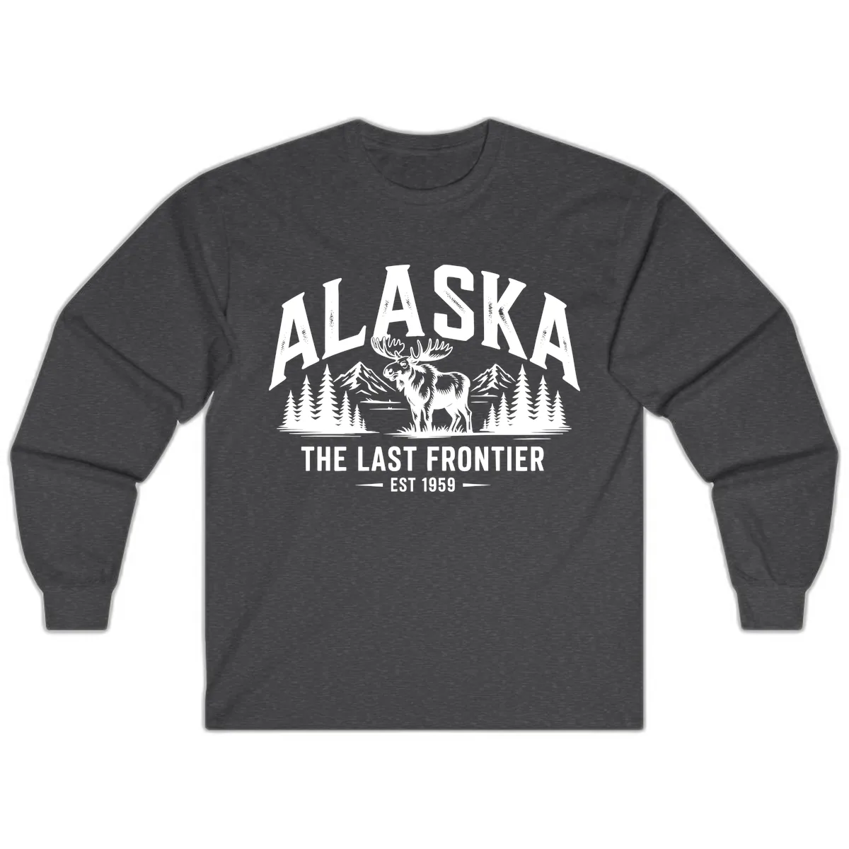 Alaska Last Frontier Moose Scenic Wildlife Long Sleeve in Dark Heather