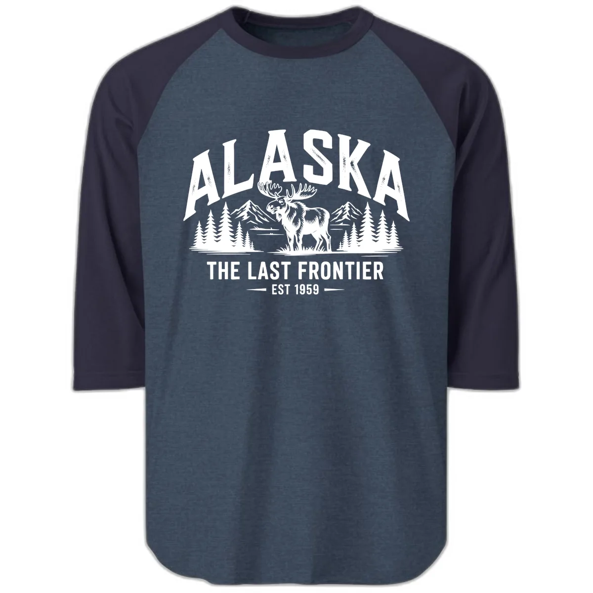Alaska Last Frontier Moose Scenic Wildlife Raglan 3/4 in Heather Denim Navy