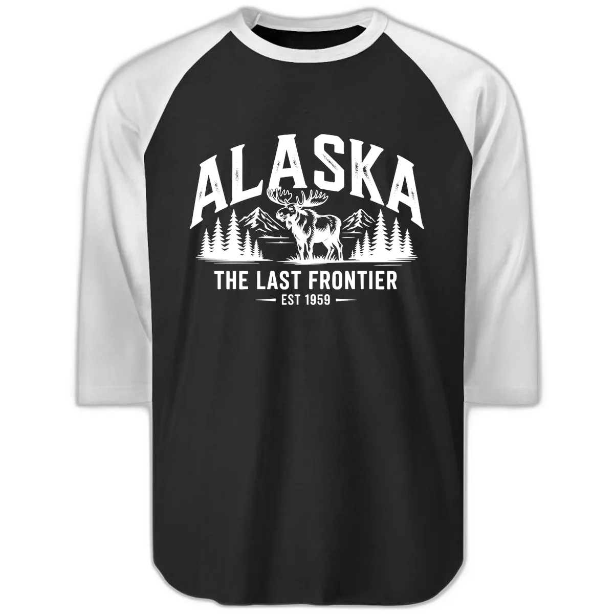 Alaska Last Frontier Moose Scenic Wildlife Raglan 3/4 in Black White