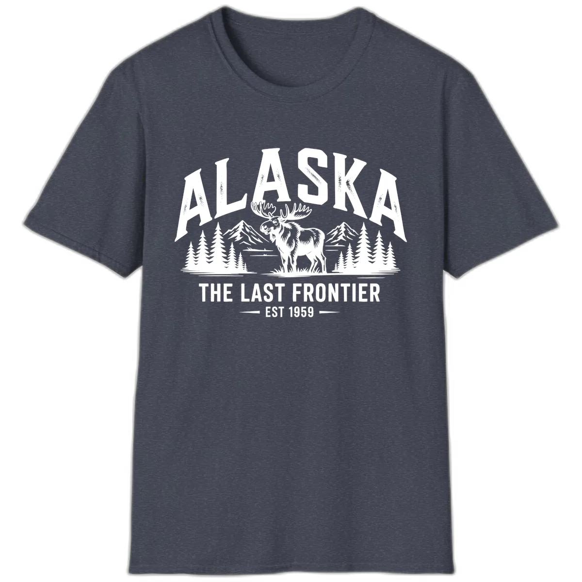 Alaska Last Frontier Moose Scenic Wildlife T-Shirt in Heather Navy