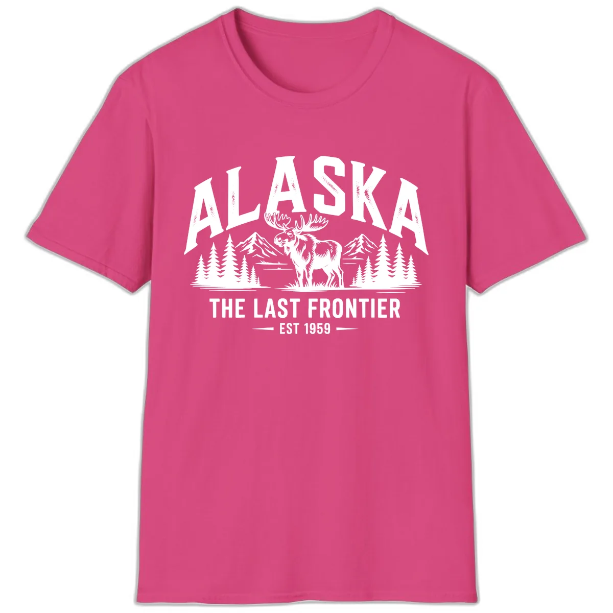 Alaska Last Frontier Moose Scenic Wildlife T-Shirt in Heliconia
