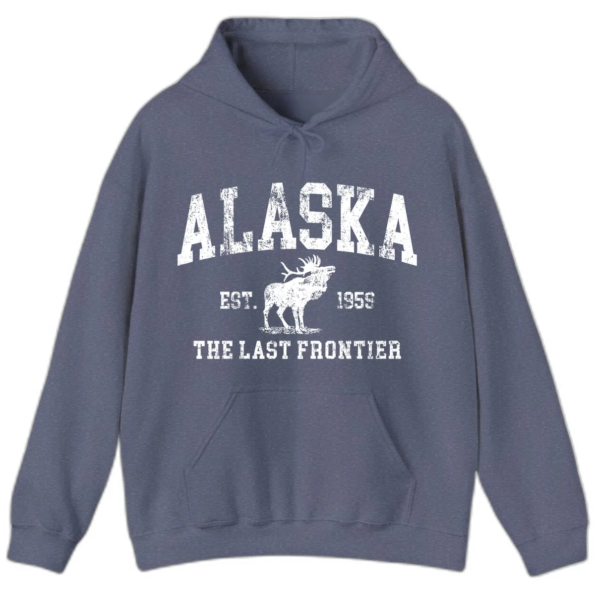 Alaska Last Frontier Vintage Moose Established 1959 Hoodie in Heather Navy