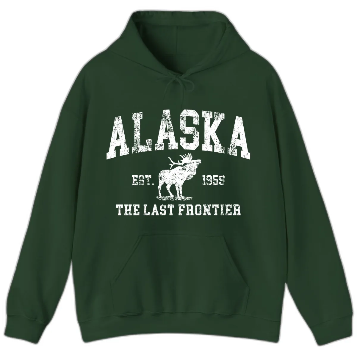Alaska Last Frontier Vintage Moose Established 1959 Hoodie in Forest Green
