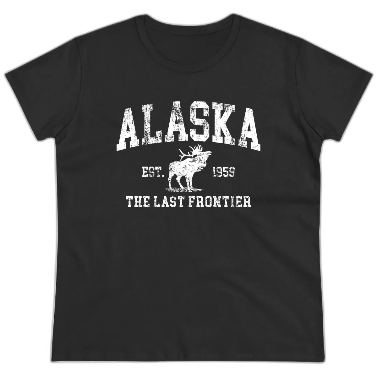 Alaska Last Frontier Vintage Moose Established 1959 Ladies Tee in Black