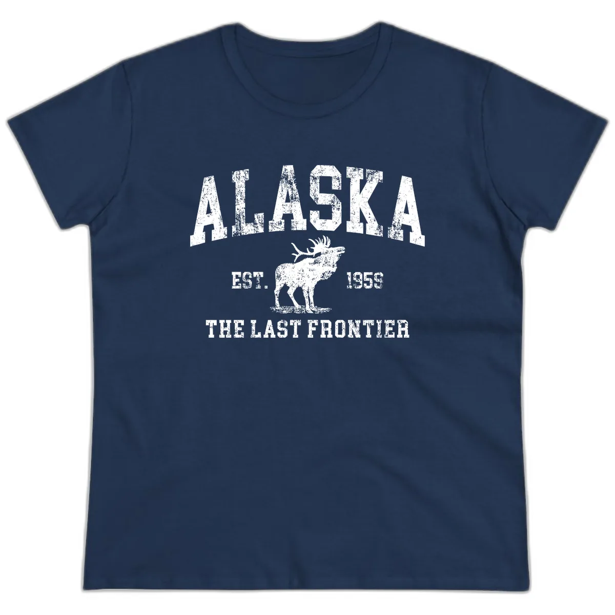 Alaska Last Frontier Vintage Moose Established 1959 Ladies Tee in Navy