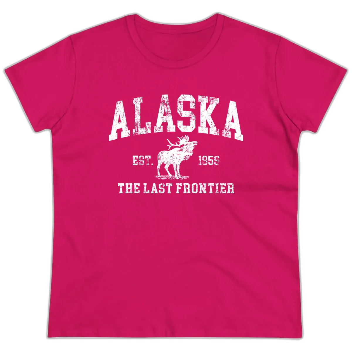 Alaska Last Frontier Vintage Moose Established 1959 Ladies Tee in Heliconia