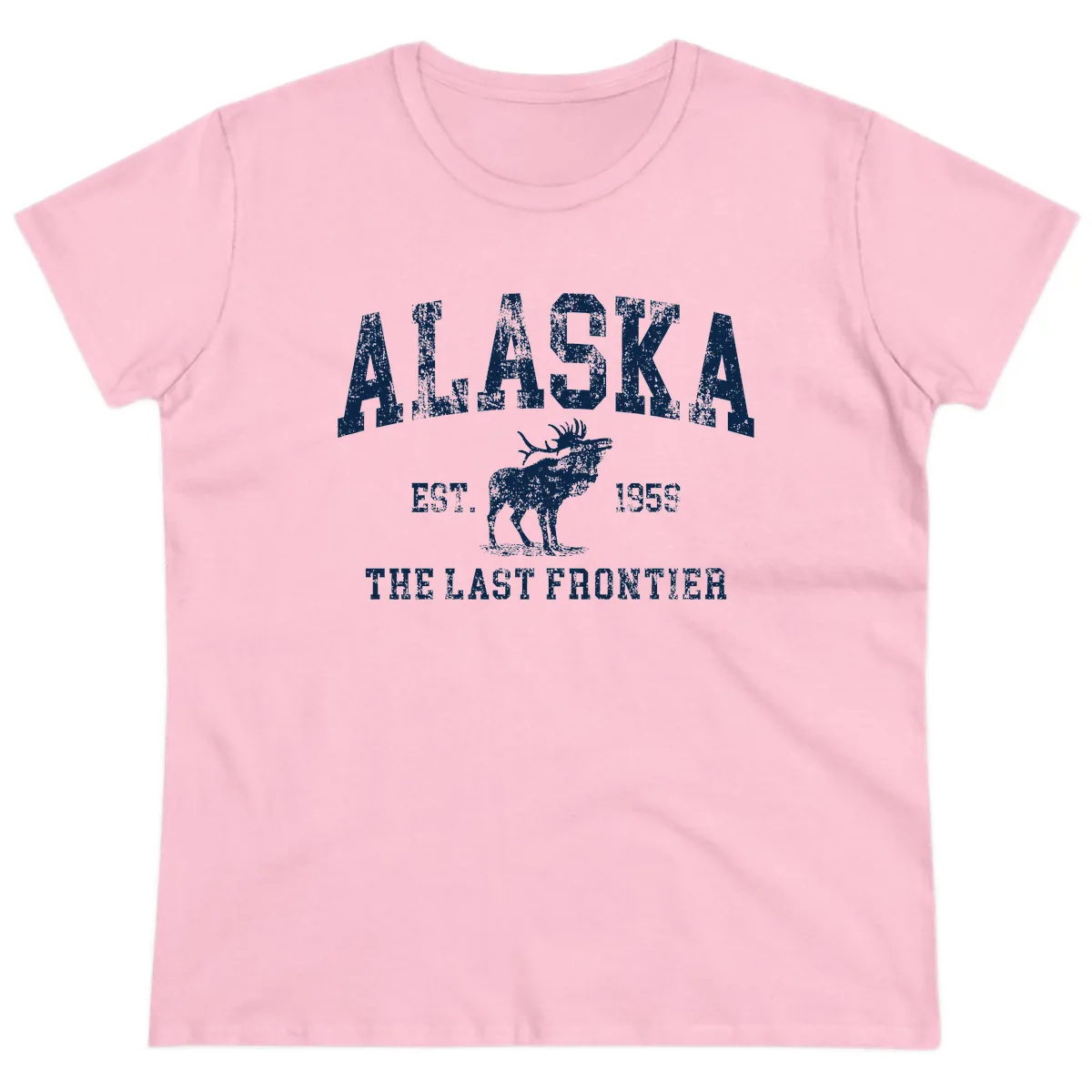 Alaska Last Frontier Vintage Moose Established 1959 Ladies Tee in Light Pink