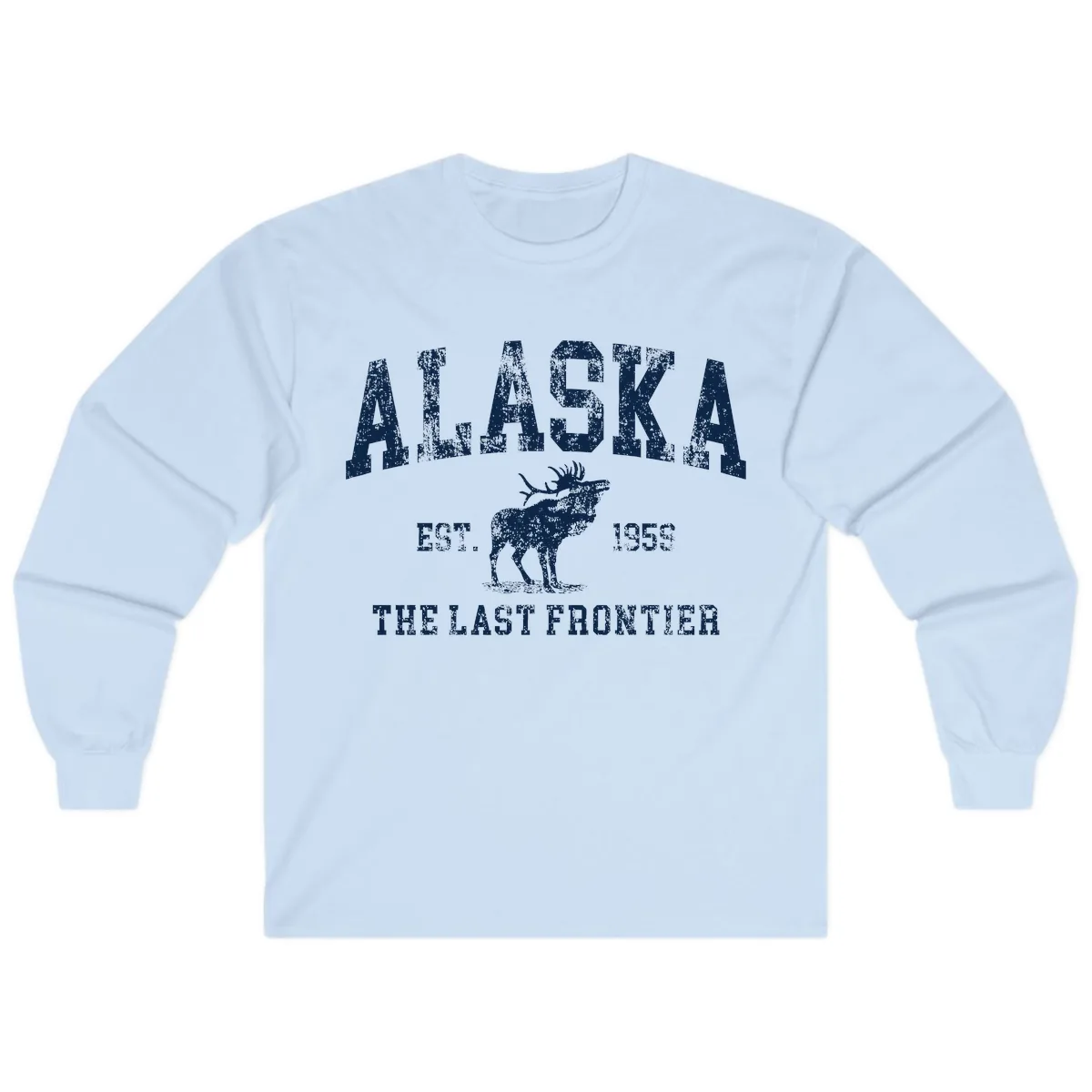 Alaska Last Frontier Vintage Moose Established 1959 Long Sleeve in Light Blue