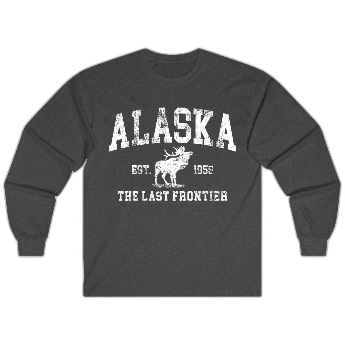 Alaska Last Frontier Vintage Moose Established 1959 Long Sleeve in Dark Heather