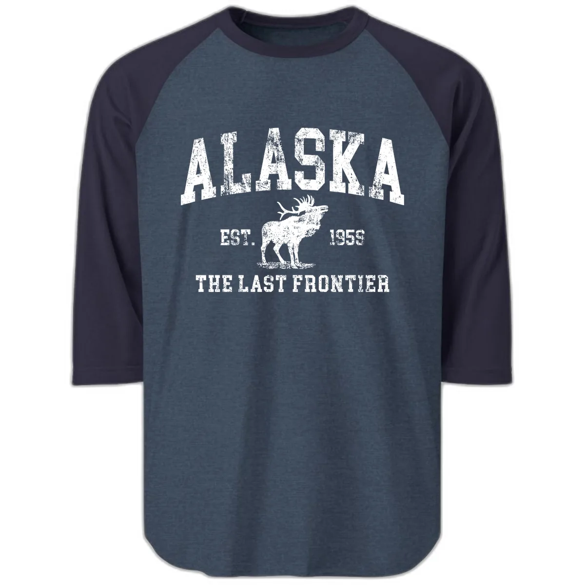 Alaska Last Frontier Vintage Moose Established 1959 Raglan 3/4 in Heather Denim Navy