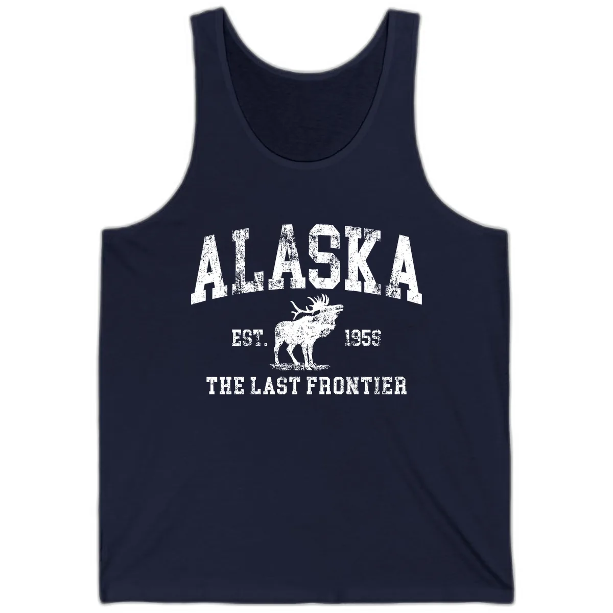Alaska Last Frontier Vintage Moose Established 1959 Tank in Navy