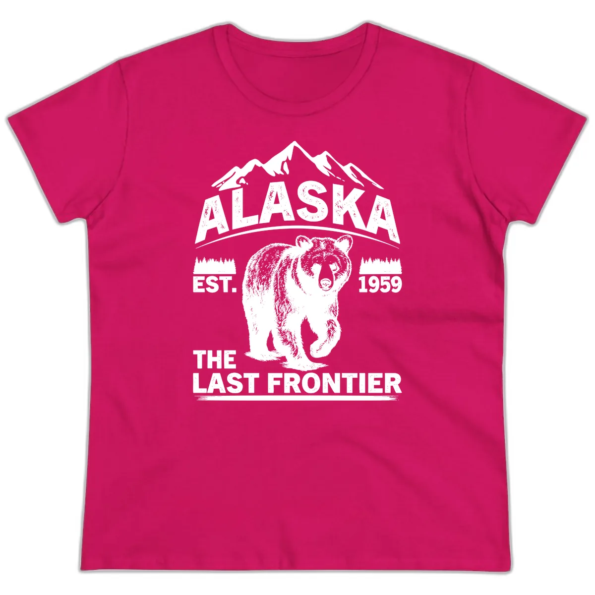 Alaska Last Frontier Grizzly Badge Ladies Tee in Heliconia