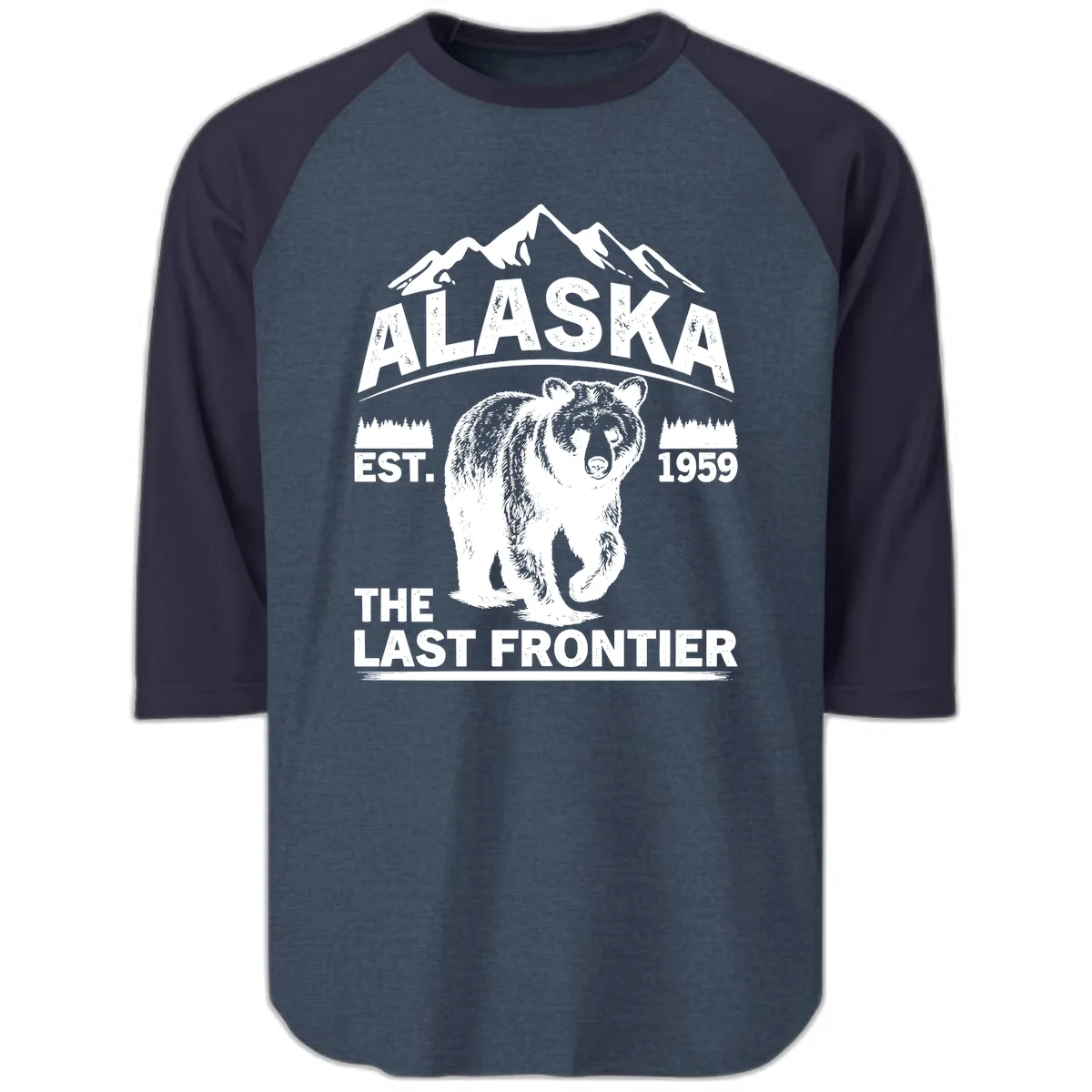 Alaska Last Frontier Grizzly Badge Raglan 3/4 in Heather Denim Navy