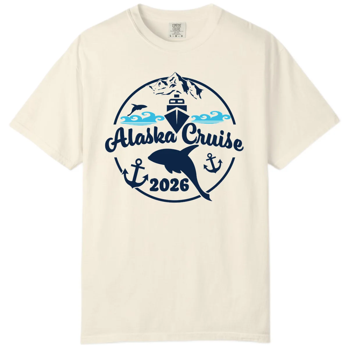 Stylized Blue Swirling Ocean Waves Graphic Comfort Color in Ivory