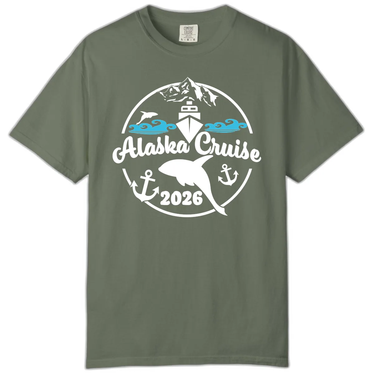 Stylized Blue Swirling Ocean Waves Graphic Comfort Color in Moss