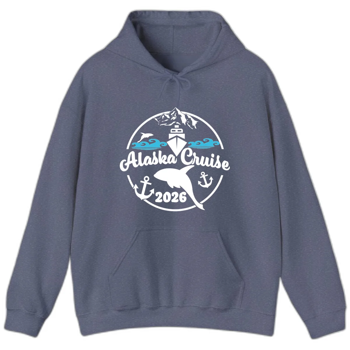 Stylized Blue Swirling Ocean Waves Graphic Hoodie in Heather Navy