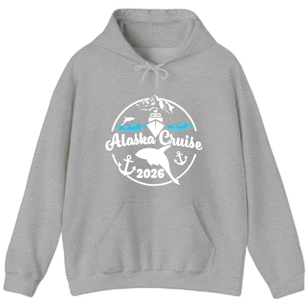 Stylized Blue Swirling Ocean Waves Graphic Hoodie in Sport Grey
