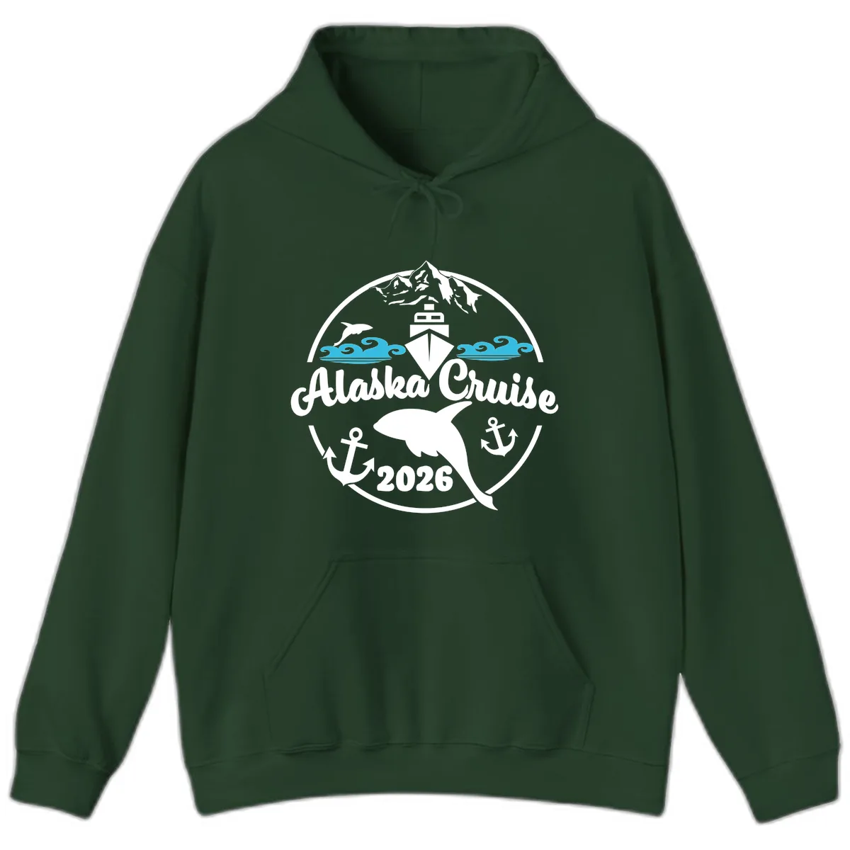 Stylized Blue Swirling Ocean Waves Graphic Hoodie in Forest Green