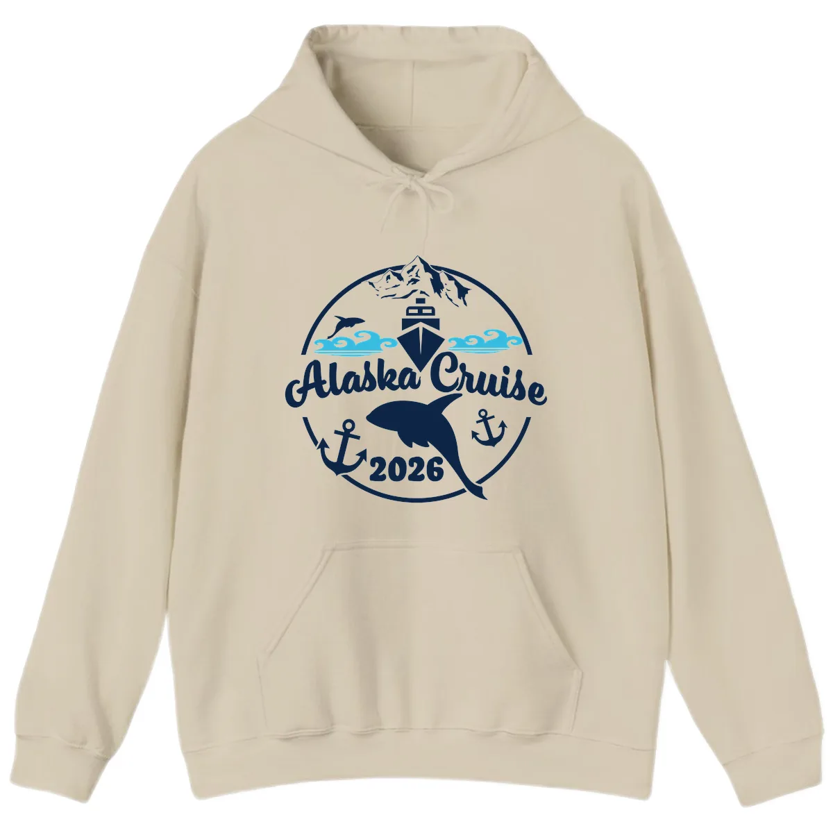 Stylized Blue Swirling Ocean Waves Graphic Hoodie in Sand